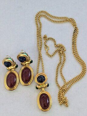 Vintage Unsigned 80's Givenchy? Egyptian Revival Scarab Necklace & Earring Set